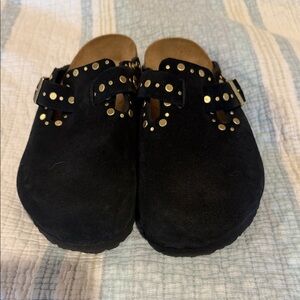 Birkenstock Black Suede Clogs with Gold Accents